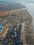 Thermal power plant. Aerial view from drone of large industrial area on shore of Voronezh water reservoir