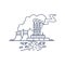 Thermal power plant line icon. Thermoelectric power station with smoke from chimneys and traces of soil and water