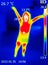 A thermographic image of a person`s body showing different temperatures in different colors, from blue indicating cold to red