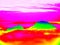 Thermography photo. Animal view. Spring landscape. Hills, forest and fog with chaned colors to ultraviolet.