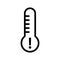 Thermometer with attention sign. Strict temperature control, limit of heating and refrigeration values. Linear icon. Black simple