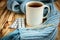 Thermometer, blue scarf and tea on wooden table. Disease and healthcare background