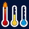 Thermometer icon in three circumstances. Hot, warm, cold