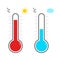 Thermometer icons. Hot and cold temperature. Symbol meteorology and weather. Measurement of heat for celsius or fahrenheit. Scale