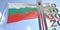 Thermometer shows high air temperature against blurred flag of Bulgaria. Hot weather forecast related 3D rendering