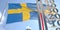 Thermometer shows high air temperature against blurred flag of Sweden. Hot weather forecast related 3D rendering