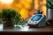 A thermometer sits on a table alongside a potted plant, measuring the temperature in a practical display of environmental