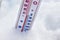 The thermometer in the snow shows 3 degrees below zero. Winter temperature_