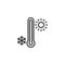 Thermometer with sunny and freezy weather line icon