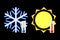 Thermometers on the background of snowflakes and the sun.