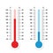 Thermometers measuring heat and cold temperature. Red and blue thermometers with Celsius and Fahrenheit scale