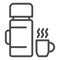 Thermos and cup with hot drink line icon, camping concept, Thermo flask sign on white background, Thermos bottle and cup