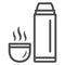 Thermos and hot tea in mug line icon, World snowboard day concept, Vacuum Flask sign on white background, Thermos Bottle