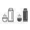 Thermos and hot tea in mug line and solid icon, World snowboard day concept, Vacuum Flask sign on white background