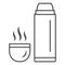 Thermos and hot tea in mug thin line icon, World snowboard day concept, Vacuum Flask sign on white background, Thermos