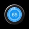 Thermostat with blue inside black circle  with 64 degree in black background