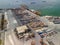 Thessaloniki, Greece aerial drone landscape view of city port with cargo ships.