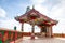 Theâ€‹ Ancient Chinese Shrine with Big Three face Guanyin statue and sky background,public landmark for tourist