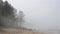 Thick fog spread on sandy beach of Finnish gulf