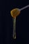 Thick golden honey dripping from a wooden spoon on black background