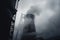 Thick and heavy smoke coming out of a huge and high chemical factory chimney under a misty and rainy sky. Generative AI