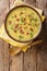 Thick homemade corn chowder with potatoes, bacon and green onions close-up in a bowl. Vertical top view