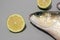 Thick lipped grey mullet fish on grey background with sliced limes