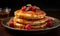 Thick maple syrup pouring onto a stack of fresh pancakes. Selective focus with blurred dark background. Home made