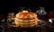 Thick maple syrup pouring onto a stack of fresh pancakes. Selective focus with blurred dark background. Home made