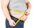 Thick mature man measuring belly yellow measuring tape isolated