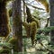 thick moss drapes over branches in the rainforest in BC, Canada