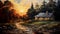 thick paint painting, capturing the charm of a wooden cabin nestled in a rustic landscape.