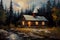 thick paint painting, capturing the charm of a wooden cabin nestled in a rustic landscape.