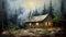 thick paint painting, capturing the charm of a wooden cabin nestled in a rustic landscape.