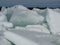 Thick slabs of frozen ice broken and piled on shore of the Ottawa River