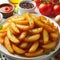 Thick slices of fried potatoes sprinkled with oregano leaves served on a flat plate.