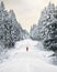 Thick snowy forest and man in red jacket