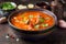 Thick tomato soup with meat, cereals and vegetables. Traditional Oriental cuisine, spicy stew with beef or lamb, rice and spices.