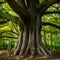 Thick trunk of tall tree in city park, urban nature photo