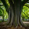 Thick trunk of tall tree in city park, urban nature photo