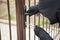 Thief breaking lock to open the gate. Male thief trying to open gate, closeup