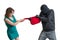 Thief is fighting with woman and stealing handbag. Isolated on white.