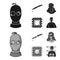 A thief in a mask, a bloody knife, a hostage, an escape from prison.Crime set collection icons in black,monochrom style