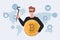 Thief in mask holding stolen bitcoin vector flat illustration. Cyber crime, financial robbery, hacker attack concept.