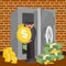 Thief with money from safe, vector illustration. Criminal robbery, man robber burglar character theft cartoon coin and