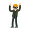 Thief raised hands. Man in black robber mask. Cartoon flat illustration.