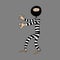 The thief is a swindler in striped clothes. A thief wants to rob a bank. Vector. Doodles. Funny character in cartoon