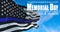 Thin Blue Line. Black Flag of USA with Police Blue Line waving in the wind on flagpole against the sky with clouds on sunny day