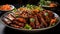 Thin and crispy honey garlic pork chops cooked in a Chinese restaurant, on a handmade plate