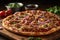 A thin crust pizza topped with tender pulled pork, red onions, and mozzarella cheese. The pizza is baked to perfection and served